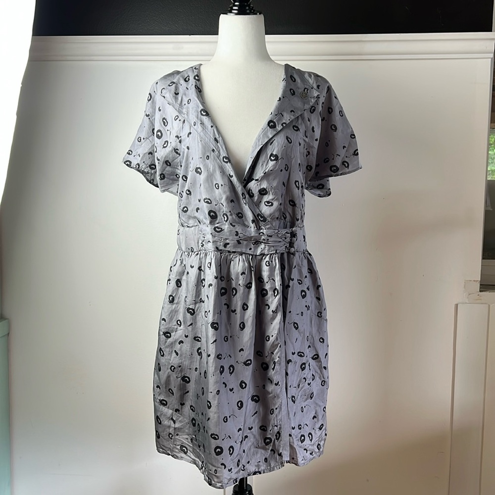 OBEY Last Dance Silk Wrap Gray and Black Leopard Print Plunge Neck Midi Sundres